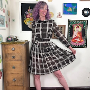 Vintage Brown & White Windowpane Day Dress, 1960s Parkshire Original Shirt Dress Sz S