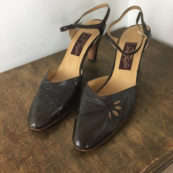 Vintage Ankle Strap Heels, 1980s Sz 9 Brown Leather Cutout Shoes, Petra for Lord & Taylor Shoes