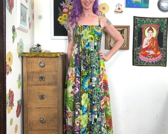 Vintage Cotton Print Sundress, 90s Indian Cotton Faux Patchwork Print Dress, M-L