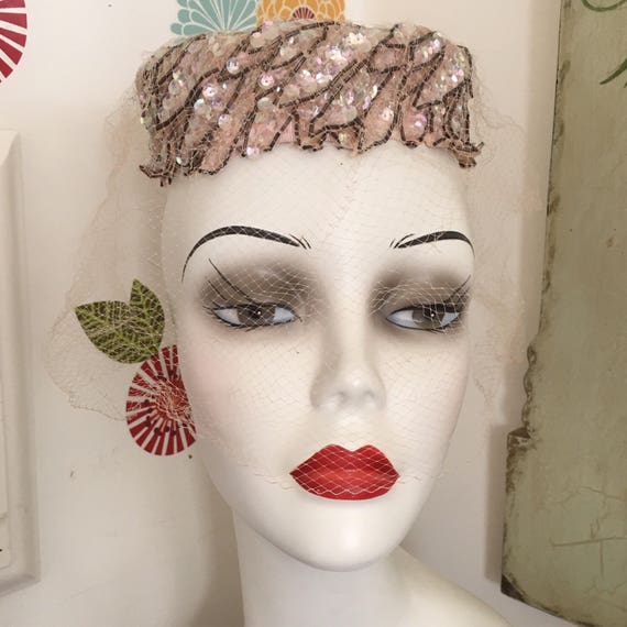 Vintage Pink Pillbox Hat, Beaded & Sequined Bridal Ha… Gem
