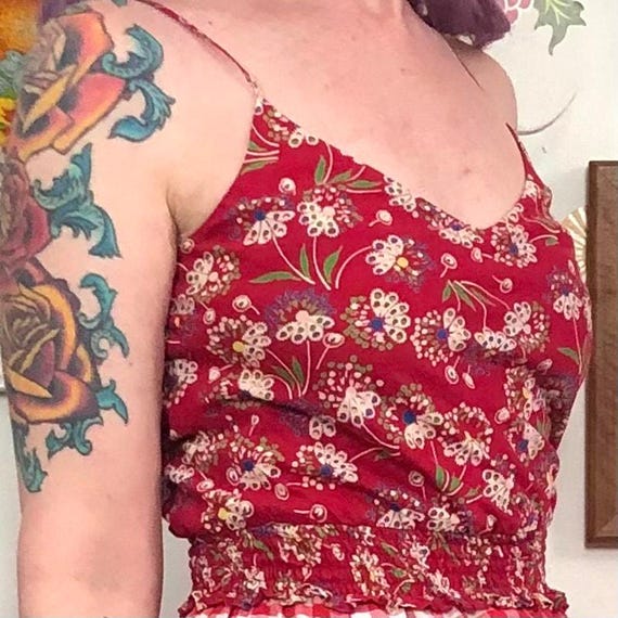 Vintage Floral Crop Top, y2k Red Flower Print Cam… - image 6