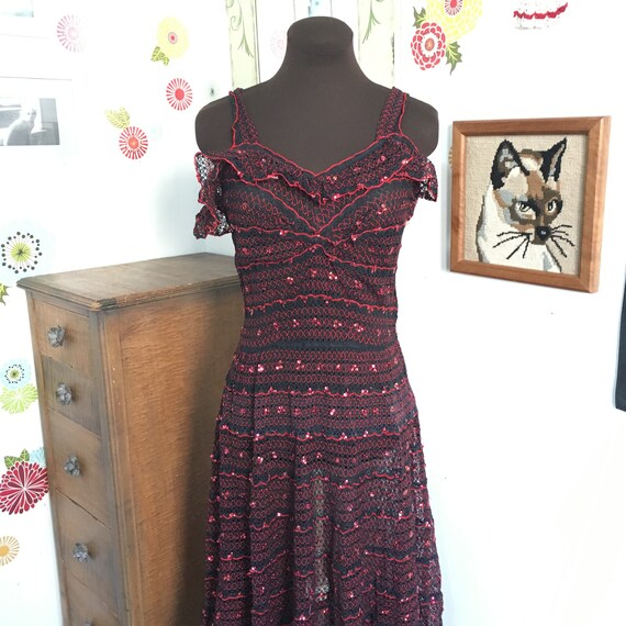 Vintage Crochet Dress Full Skirted Sequined Red Bl