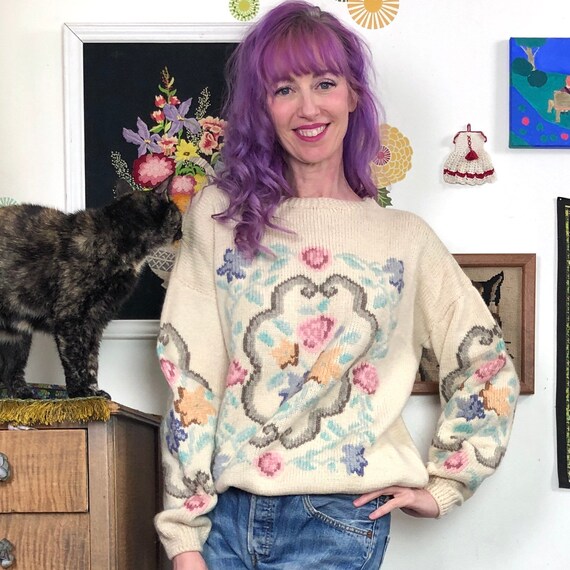 1980s Pastel Sweater, Romantic Floral Sweater, Ov… - image 1