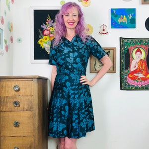Vintage Blue Floral Day Dress, Dark Teal with Lighter Teal Jacquard Flower Pattern Size M