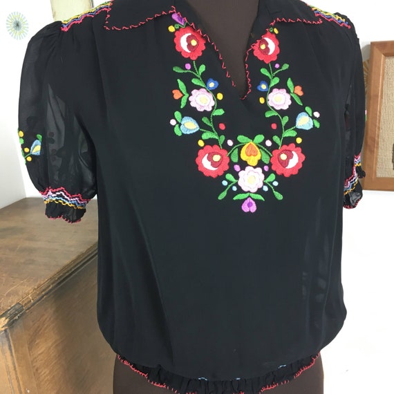 Sheer Black Peasant Blouse, Embroidered Rayon Top