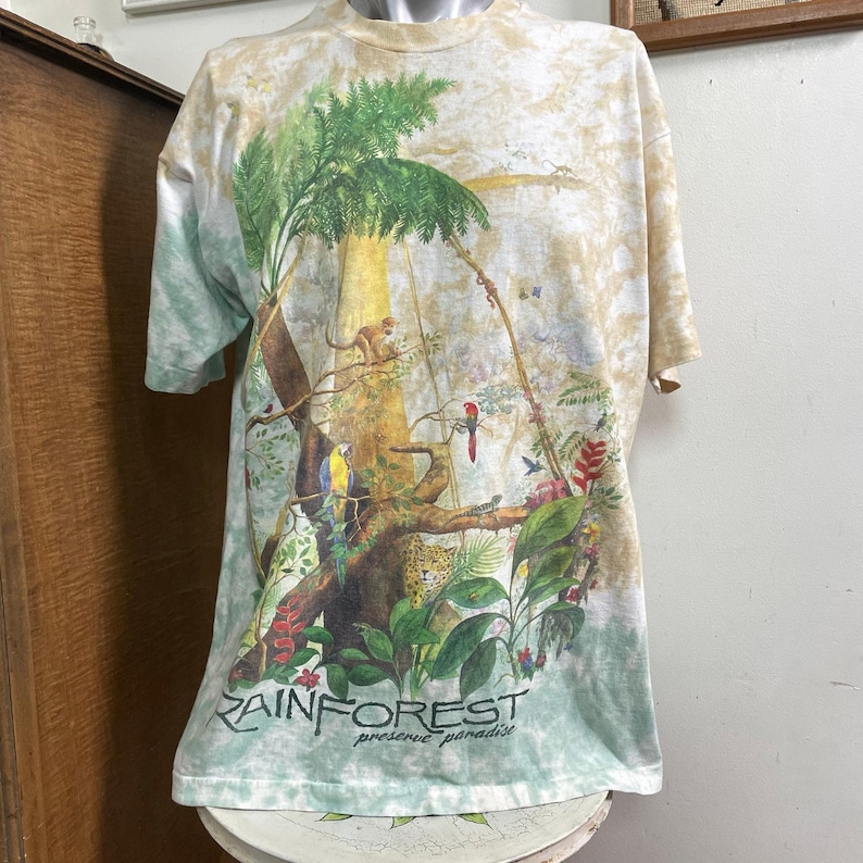 Vintage Liquid Blue Rainforest Preserve Paradise T-Shirt, 1990s Tie Dye Tee XL immagine 1