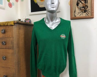 Vintage Warner Robins Golf Logo Club Sweater, 1980s Green V-Neck Pullover Sz L