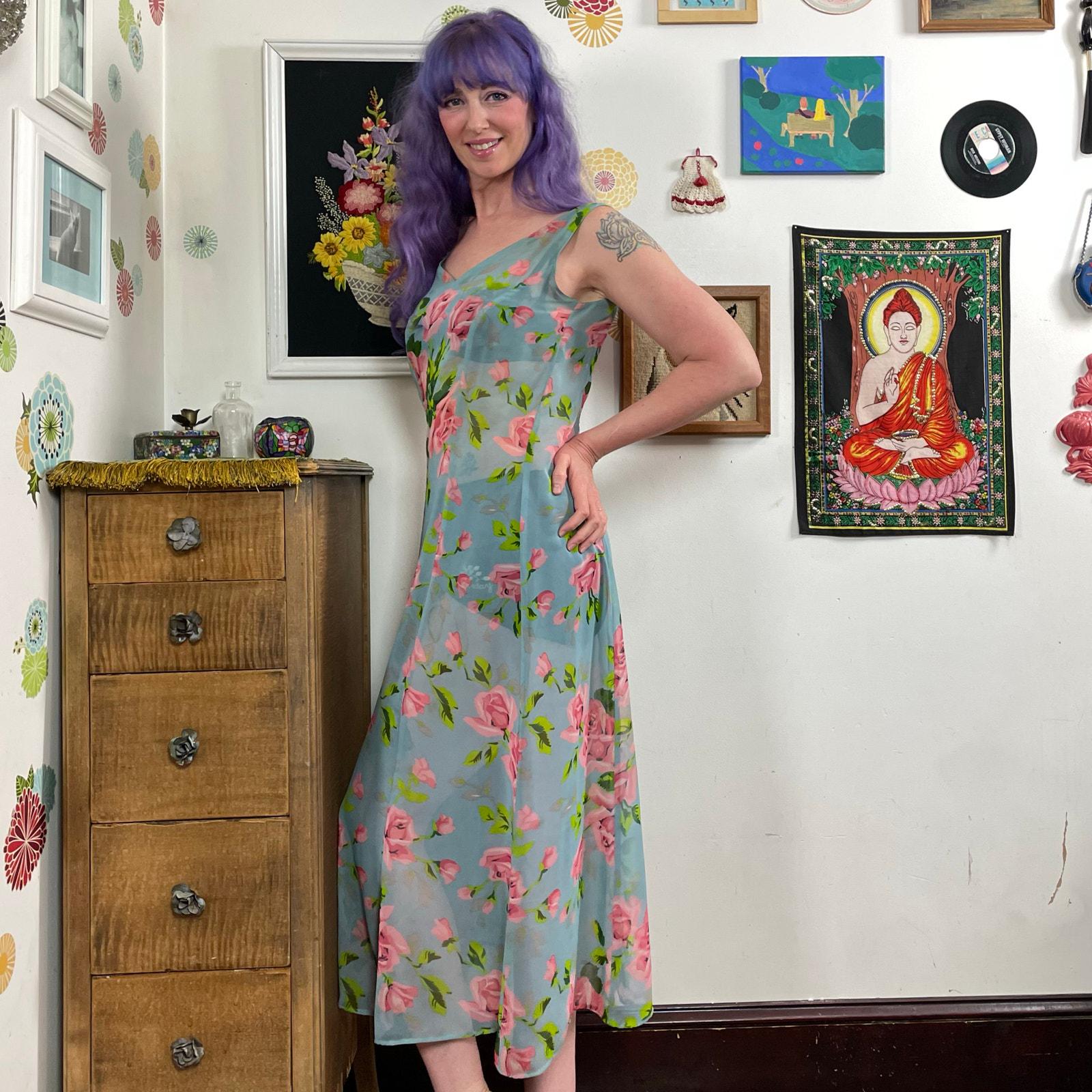 Vintage Betsey Johnson Rose Print Maxi Dress, 90s Sheer Floral