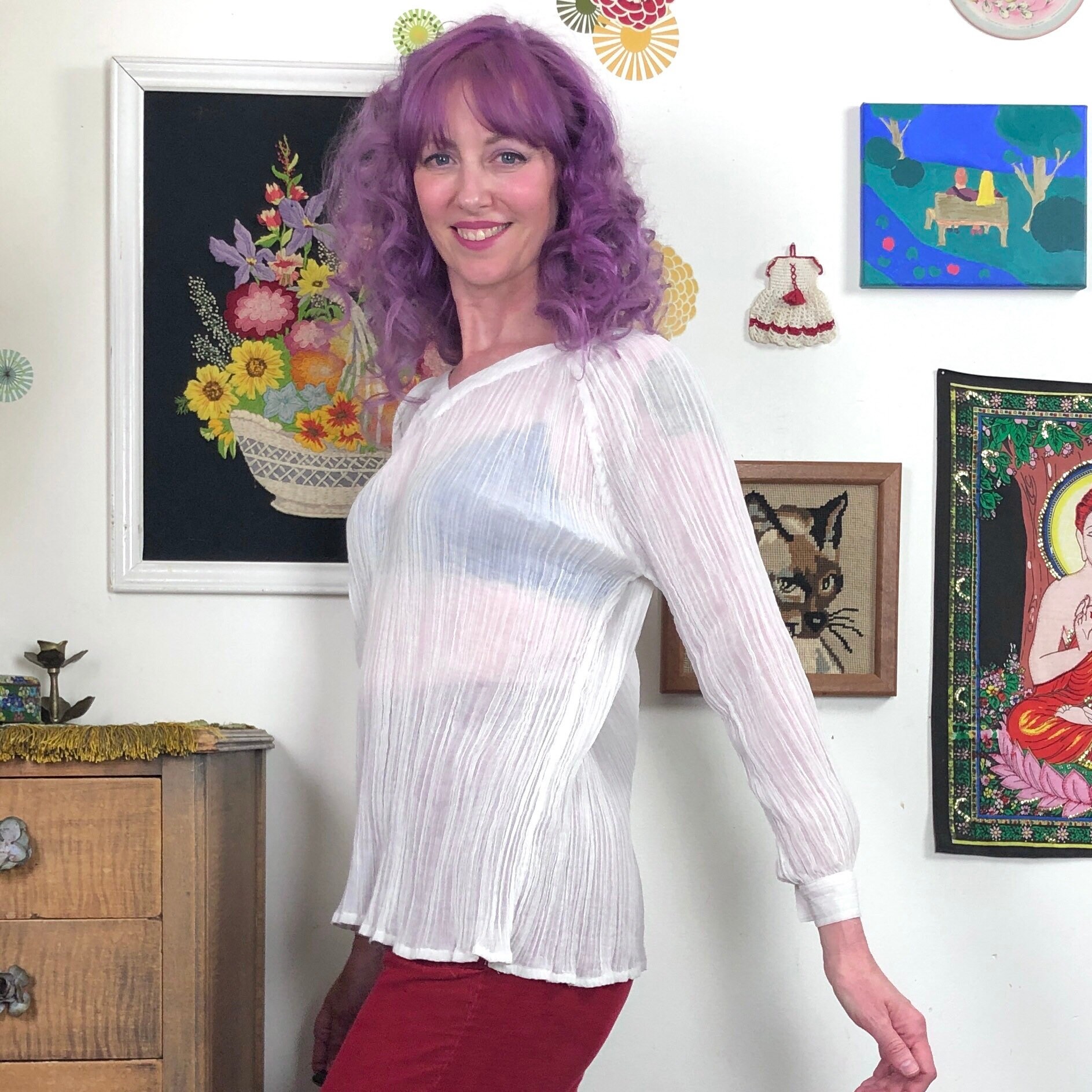 Vintage Crinkle Gauze Top, 1970s Sheer White Cotton V-neck