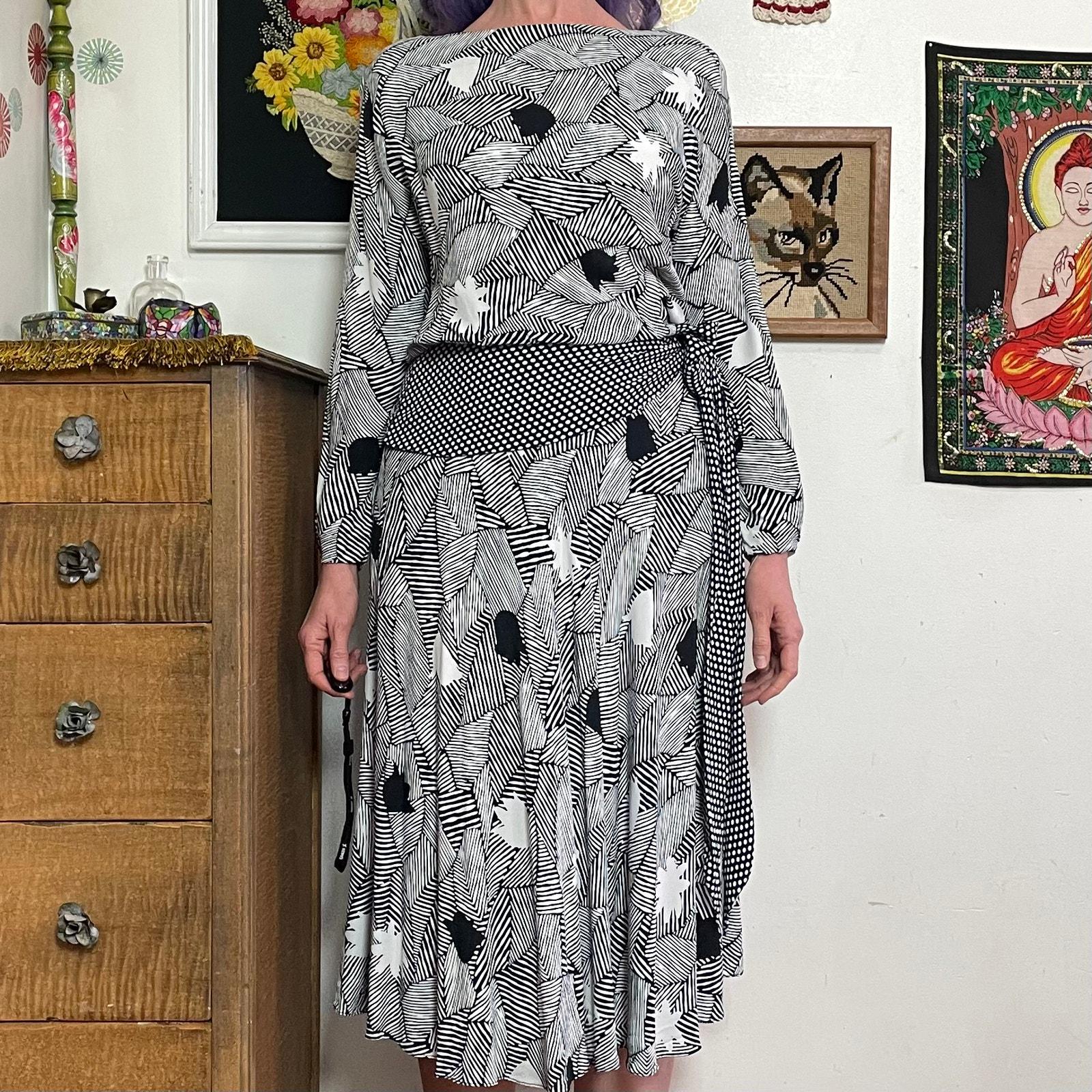Vintage Black & White Abstract Print Day Dress, 1980s Art to