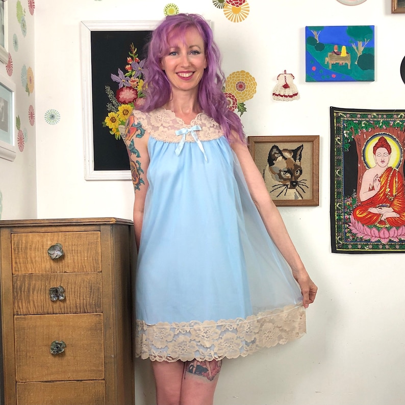 Vintage Babydoll Nightgown Blue Chiffon Layers Nightie Etsy