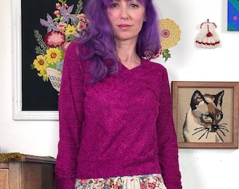 Vintage V-Neck Chenille Top, 1970s Cozy Fuchsia Long Sleeve Sweater, Sz S-M