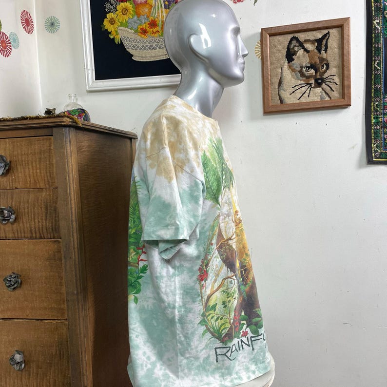Vintage Liquid Blue Rainforest Preserve Paradise T-Shirt, 1990s Tie Dye Tee XL immagine 8