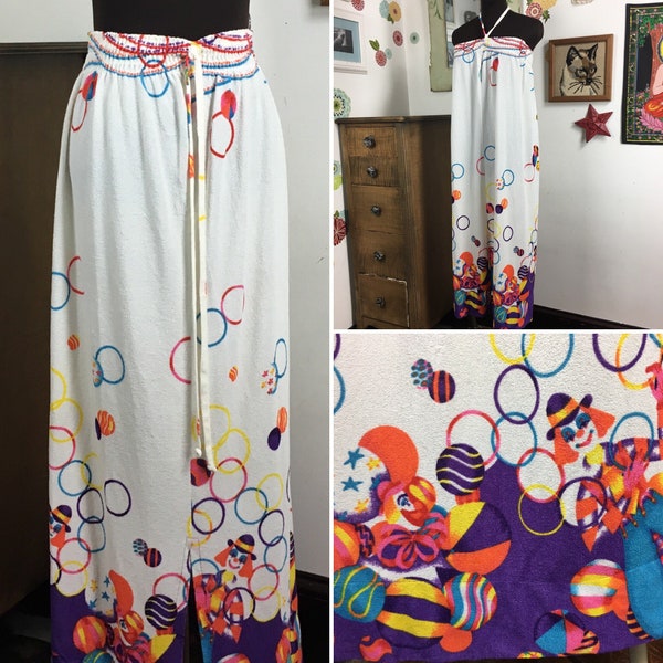 Vintage Beach Skirt or Dress, Terrycloth Clown Print, 1970s Style Cover Up Casual Wear