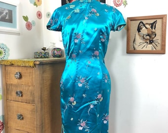 Vintage Cheongsam Dress, 1970s Aqua Satin Embroidered Asian Style, Sz XS