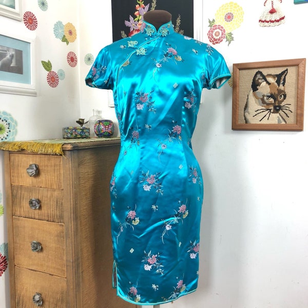 Vintage Cheongsam Dress, 1970s Aqua Satin Embroidered Asian Style, Sz XS