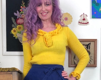 Vintage Ribbed and Ruffled Sweater, 1970s Goldenrod Acrylic Knit Top, Size S-M
