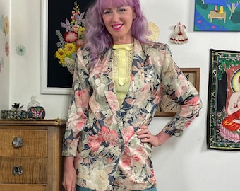 Vintage Pastel Floral Blazer, 1980s Sz S Multicolor Brocade Flower Print Jacket