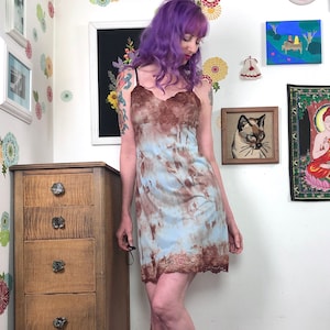 Vintage Tie Dye Slip, Blue & Brown Tie Dye Slip Dress, Size Small 1960s Hand Dyed Lingerie, Nylon and Lace Van Raalte Nightie
