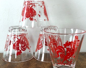 Vintage Hazel Atlas Large Shot Glasses, Set of 4 Red Rooster Mid Century Barware Glasses