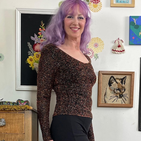 Vintage Beaded Top, 1990s Copper Colored Glass Bead Eveningwear