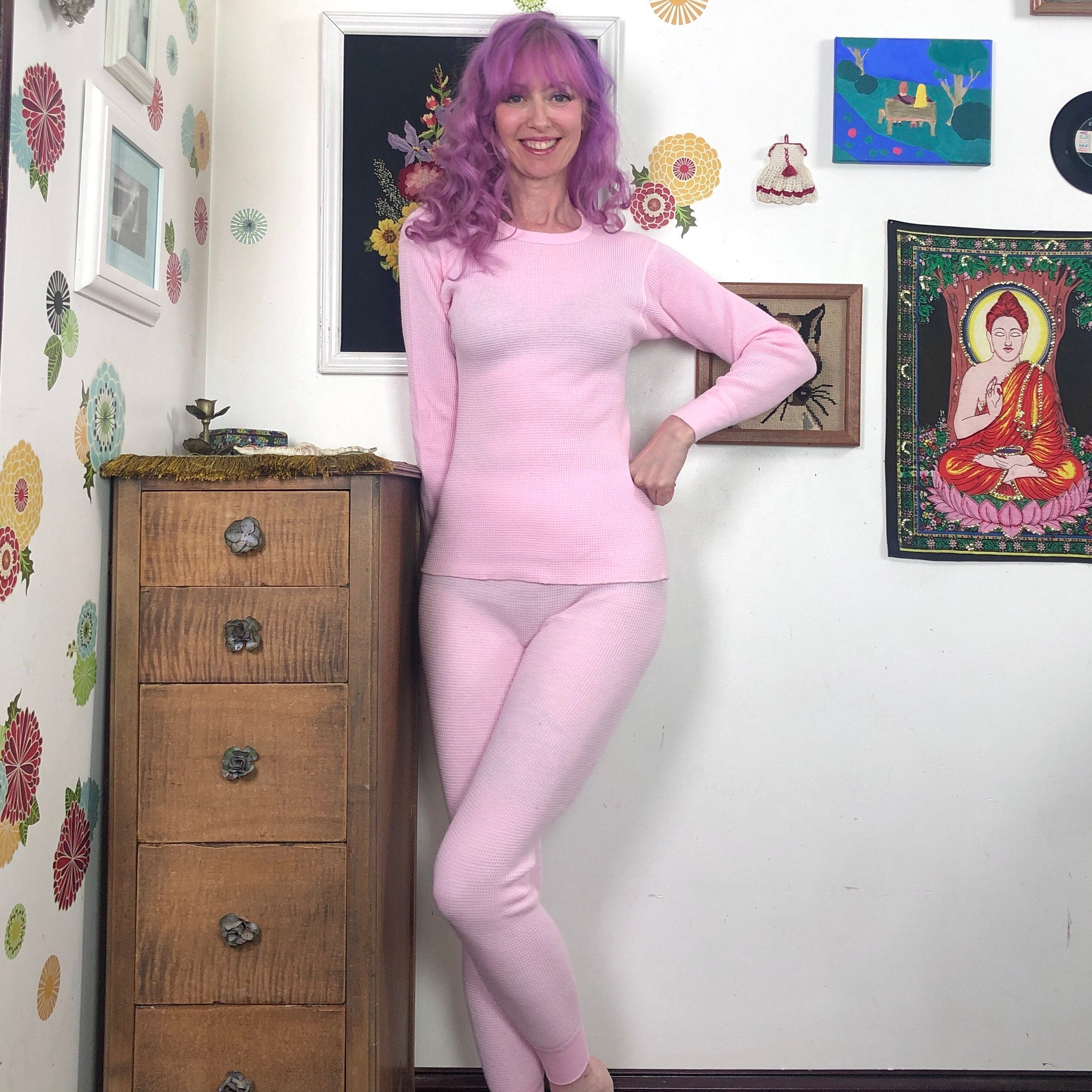 Vintage Pink Waffle Weave Long Johns, Thermal Knit Top and Pants