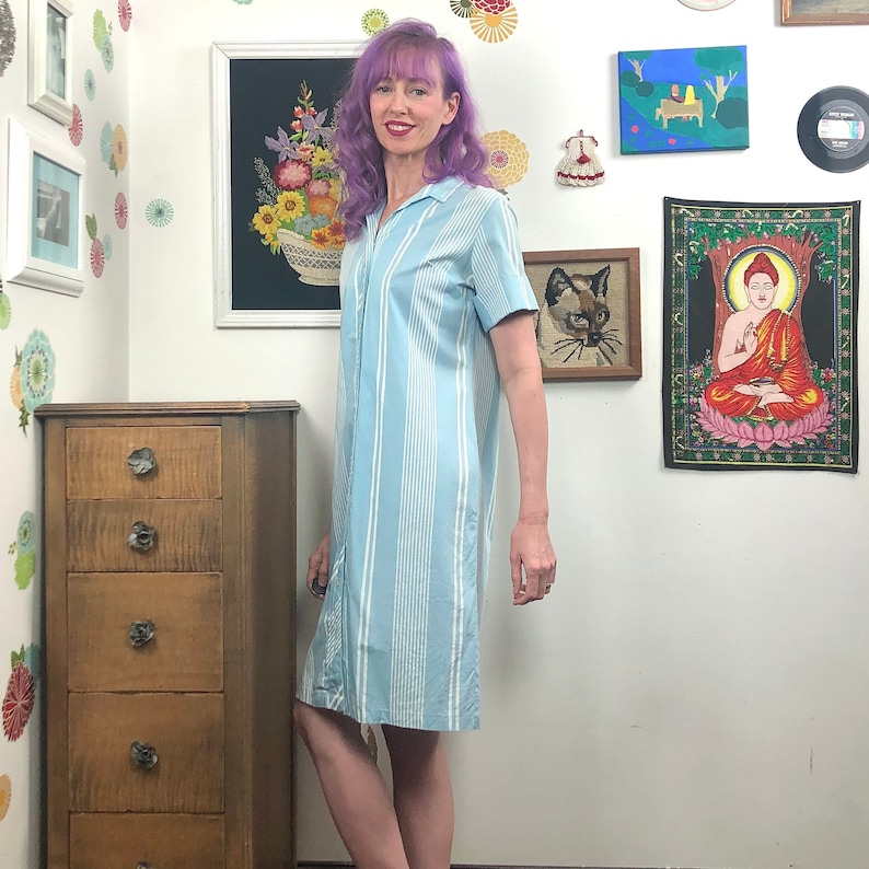 Vintage House Dress Blue /& White Stripe Dress with Belted Waist and Button Front Closure Size M