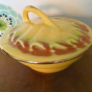 Vintage California Pottery Maple Leaf Covered Dish, Yellow Gold Casserole Serving Bowl with Lid