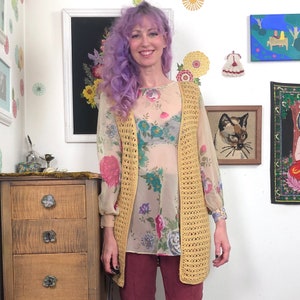 Vintage Crochet Sweater Vest, Duster Style Granny Vest in Mustard, Size XS-S