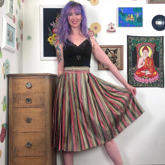 Vintage Striped Taffeta Skirt, 1940's Swishy Ribbon Candy Stripes