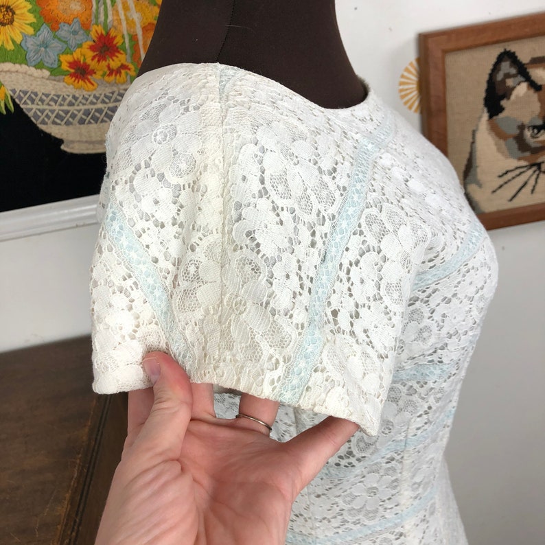 Jonathan Logan Dress Vintage White Eyelet Lace with Baby Blue Ribbon Accents 1960s Dress Size Small