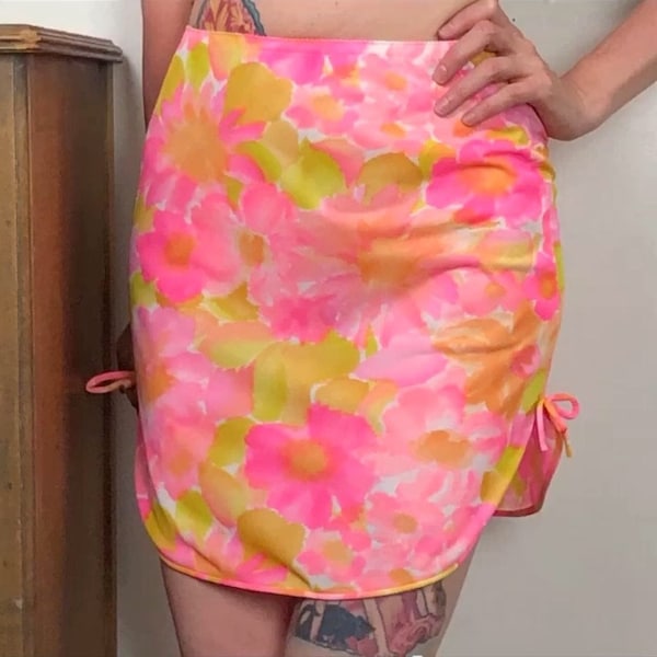 Vintage Neon Floral Half Slip, 1960s Groovy Mini Skirt Slip by Val Mode, XS-S