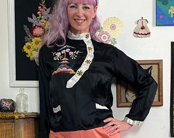 Vintage Black Satin Embroidered Blouse, 1970s Asian Style Pajama Top, Sz S