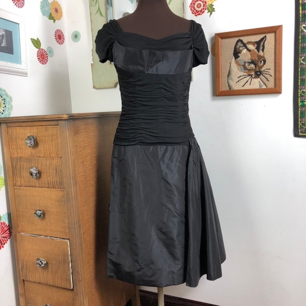 Vintage Black Taffeta Cocktail Dress, Taffeta and Mesh Sz S Wearable but Wounded Bird Dress