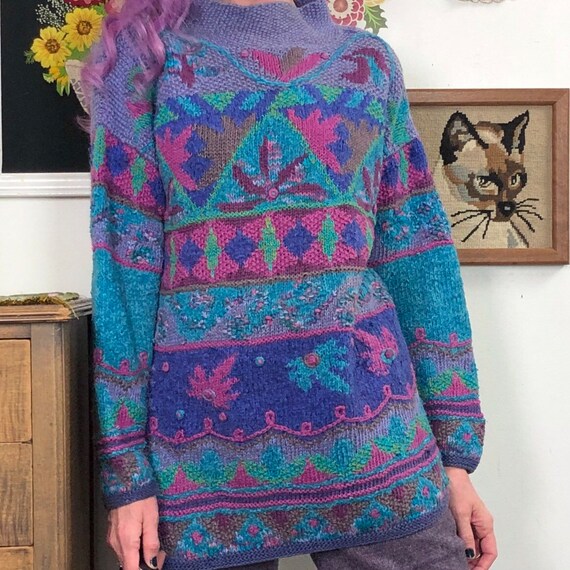 Vintage Cottagecore Sweater, 1990s Hand Knit Flor… - image 5