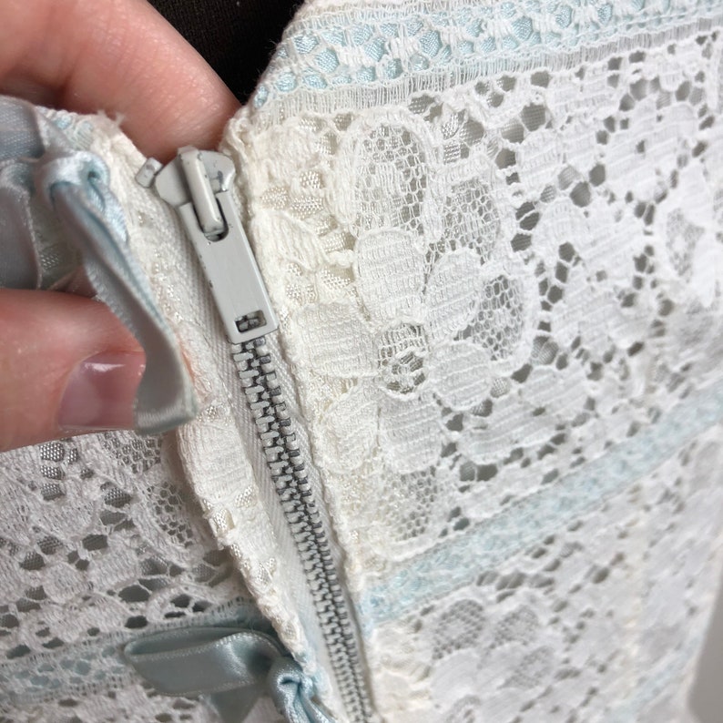 Jonathan Logan Dress Vintage White Eyelet Lace with Baby Blue Ribbon Accents 1960s Dress Size Small