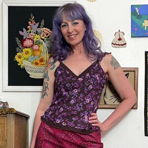 Vintage Flutter Strap Camisole, y2k Purple Floral Going Out Top, Lace Trim Cami
