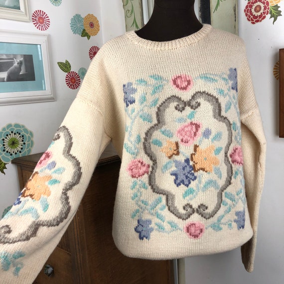 1980s Pastel Sweater, Romantic Floral Sweater, Ove