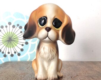 Vintage Lefton Puppy Figurine, Big Sad Eyes Dog, Spaniel or Beagle Floppy Ear Pup H6862