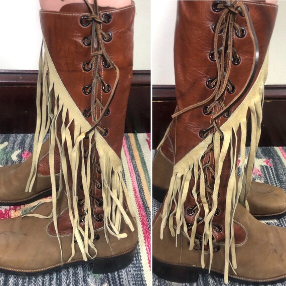 Vintage Leather Fringe Boots, 1970s Tall Lace Up … - image 7
