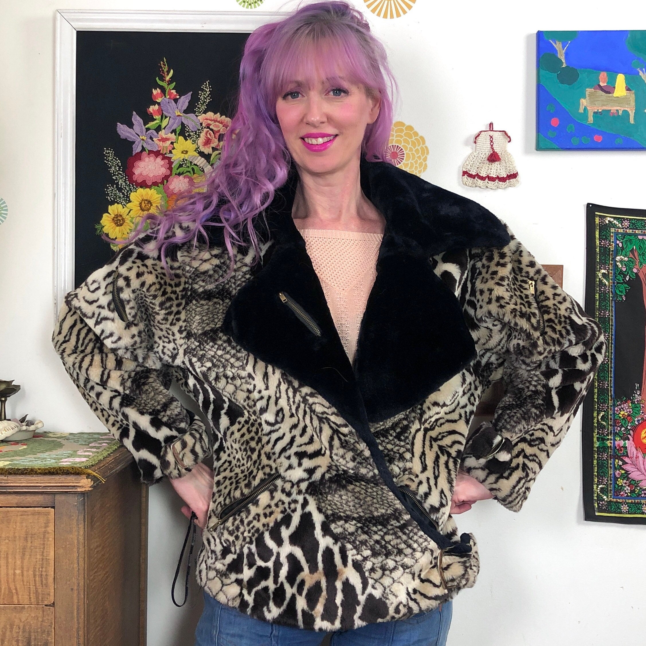 【 VINTAGE 】 Teddy Jacket Vintage 90s Plant Print Zip up Fleece Jacket by Teddi - Etsy