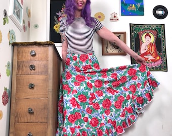 Vintage Rose Print Maxi Skirt, Roses and Blue Ribbons Print Skirt with Ruffle Hem, Size S