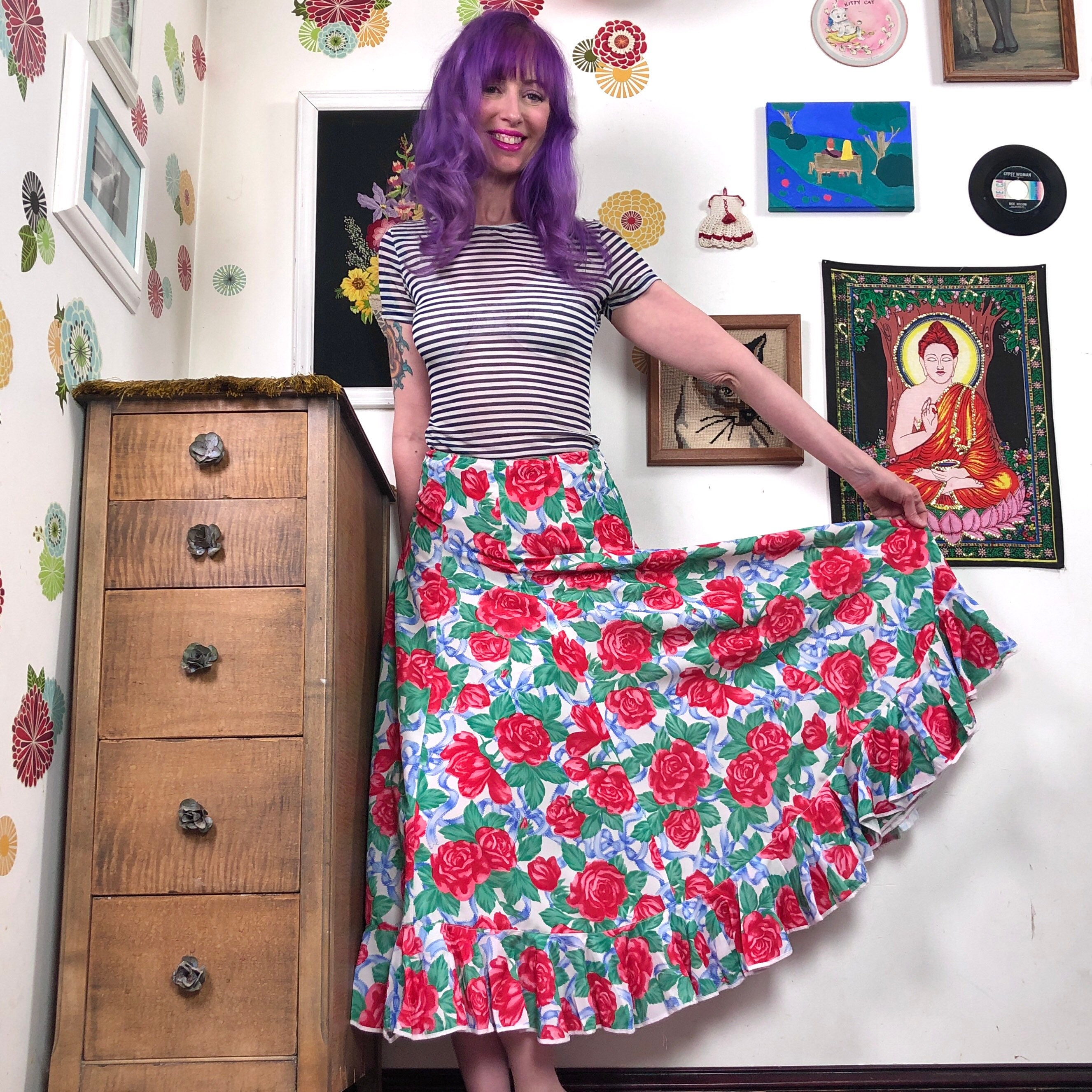スカート Vintage floral frill maxi skirt red Amazon.com: Women's Boho Elastic Waist A Line Floral Print
