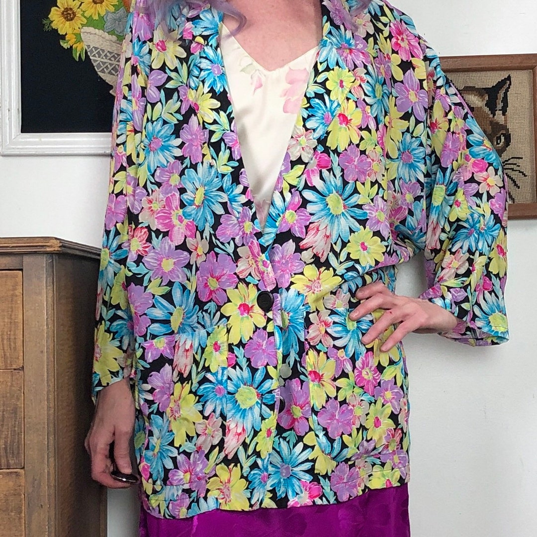 Vintage Pastel Floral Blazer, Lightweight Silky Rayon Jacket, 1980s