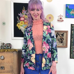 Blazer con estampado de flores vintage, chaqueta con estampado floral multicolor Sz S de la década de 1990