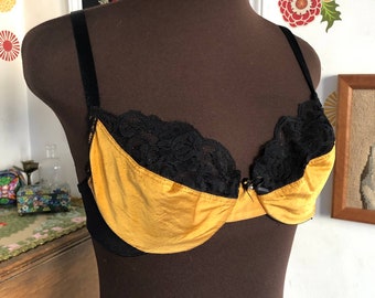 Vintage Underwire Bra 34C, Gold Silk & Black Mesh Unlined Bra