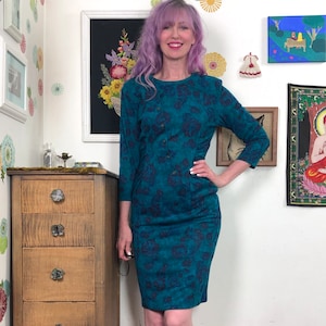 Vintage Teal Floral Dress, 1980s Wiggle Dress with Ruched Waist, Size M by Joni Blair