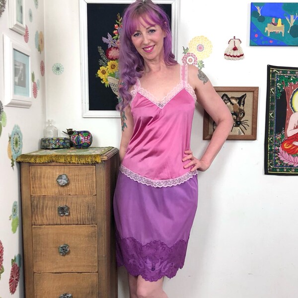 Vintage Half Slip with Applique, 1970s Hand Dyed Purple Slip Skirt, Size L