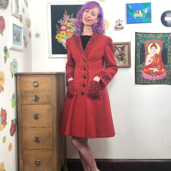 Vintage Princess Cut Coat, 1980s Red Wool Coat wit