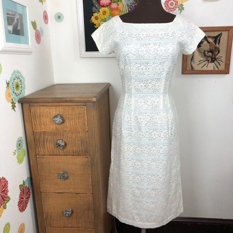Jonathan Logan Dress Vintage White Eyelet Lace with Baby Blue Ribbon Accents 1960s Dress Size Small